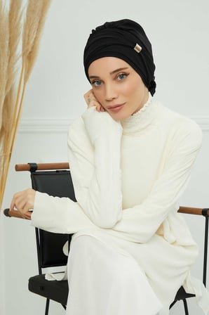 Aksesuarlı Şifon Hazır Türban,HT-95S,HT-95S Siyah