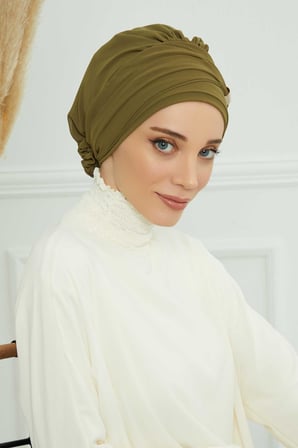 Aksesuarlı Şifon Hazır Türban,HT-95S,HT-95S Haki Yeşili
