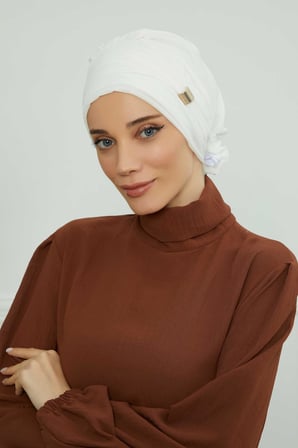Aksesuarlı Şifon Hazır Türban,HT-95S,HT-95S Krem