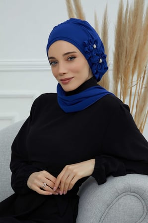 Taş Aksesuarlı Özel Tasarım Şifon Hazır Türban,HT-8 Saks Mavisi