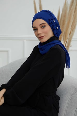 Taş Aksesuarlı Özel Tasarım Şifon Hazır Türban,HT-8 Saks Mavisi