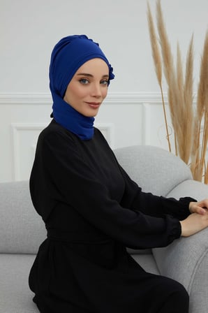 Taş Aksesuarlı Özel Tasarım Şifon Hazır Türban,HT-8 Saks Mavisi