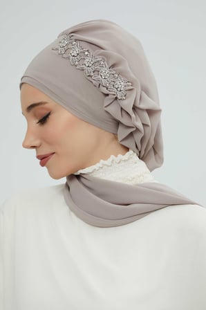 Yandan Fırfırlı Taş Aksesuarlı Şifon Hazır Türban,HT-100,HT-100 Vizon