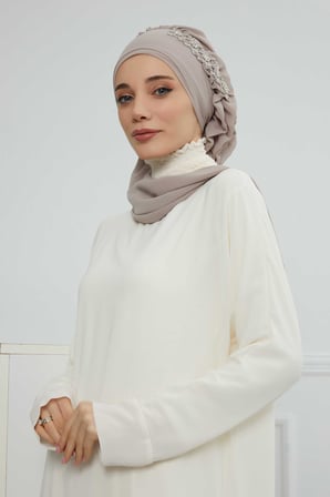 Yandan Fırfırlı Taş Aksesuarlı Şifon Hazır Türban,HT-100,HT-100 Vizon