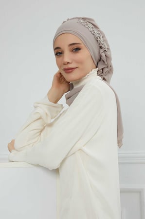 Yandan Fırfırlı Taş Aksesuarlı Şifon Hazır Türban,HT-100,HT-100 Vizon