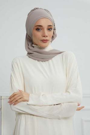 Yandan Fırfırlı Taş Aksesuarlı Şifon Hazır Türban,HT-100,HT-100 Vizon