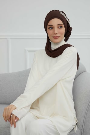 Yandan Fırfırlı Taş Aksesuarlı Şifon Hazır Türban,HT-100,HT-100 Kahverengi