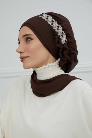 Yandan Fırfırlı Taş Aksesuarlı Şifon Hazır Türban,HT-100,HT-100 Kahverengi