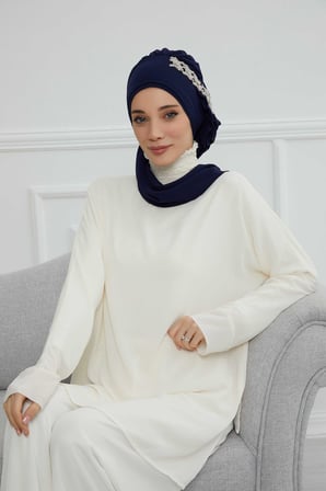 Yandan Fırfırlı Taş Aksesuarlı Şifon Hazır Türban,HT-100,HT-100 Lacivert