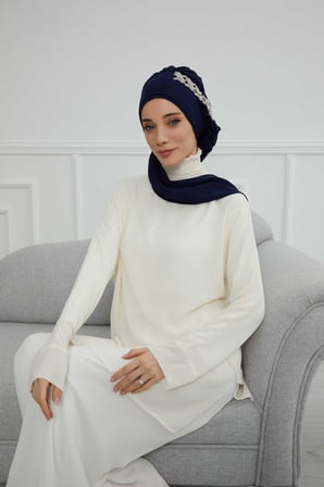 Yandan Fırfırlı Taş Aksesuarlı Şifon Hazır Türban,HT-100,HT-100 Lacivert