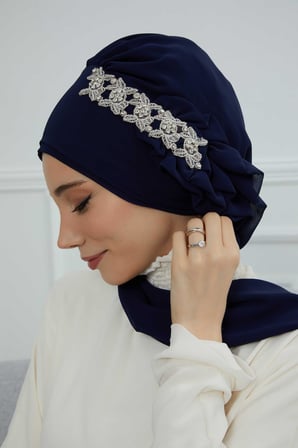 Yandan Fırfırlı Taş Aksesuarlı Şifon Hazır Türban,HT-100,HT-100 Lacivert