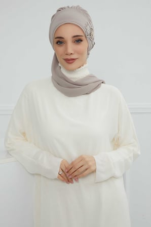 Yandan Taş Çiçek Aksesuarlı Şifon Hazır Türban,HT-104,HT-104 Vizon