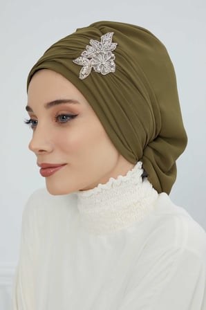 Pileli Taş Çiçek Aksesuarlı Şifon Hazır Türban,HT-105,HT-105 Haki Yeşili
