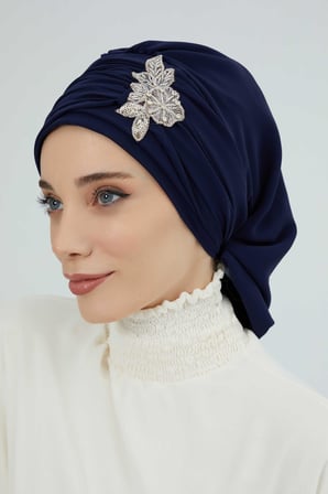 Pileli Taş Çiçek Aksesuarlı Şifon Hazır Türban,HT-105,HT-105 Lacivert