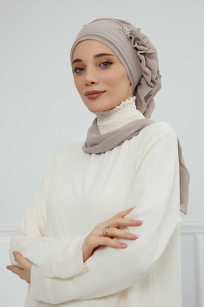 Yandan Fırfırlı Gümüş Aksesuarlı Şifon Hazır Türban,HT-106,HT-106 Vizon
