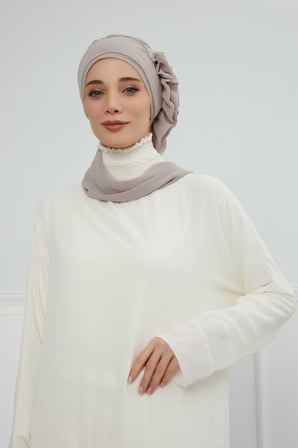 Yandan Fırfırlı Gümüş Aksesuarlı Şifon Hazır Türban,HT-106,HT-106 Vizon