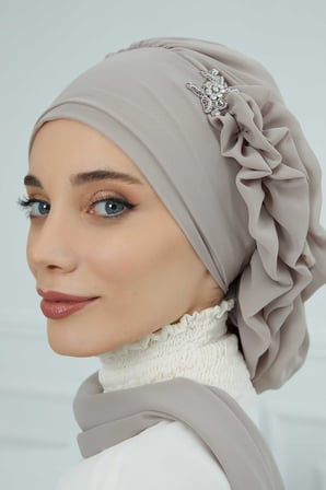 Yandan Fırfırlı Gümüş Aksesuarlı Şifon Hazır Türban,HT-106,HT-106 Vizon