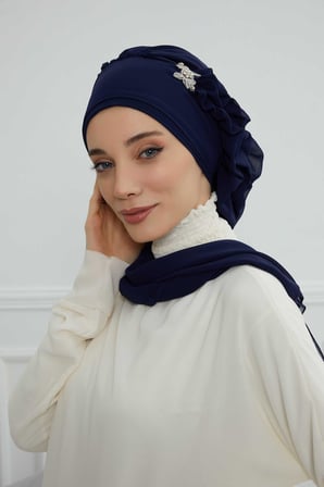Yandan Fırfırlı Gümüş Aksesuarlı Şifon Hazır Türban,HT-106,HT-106 Lacivert
