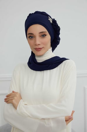 Yandan Fırfırlı Gümüş Aksesuarlı Şifon Hazır Türban,HT-106,HT-106 Lacivert