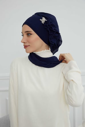 Yandan Fırfırlı Gümüş Aksesuarlı Şifon Hazır Türban,HT-106,HT-106 Lacivert