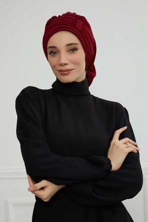 Pileli Tasarım Şifon Hazır Türban,HT-107,HT-107 Bordo