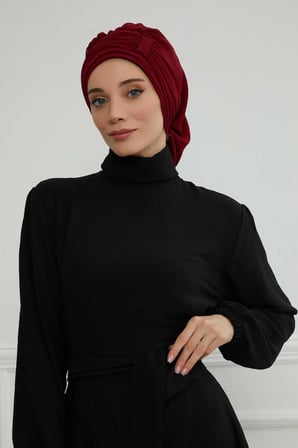 Pileli Tasarım Şifon Hazır Türban,HT-107,HT-107 Bordo