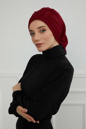 Pileli Tasarım Şifon Hazır Türban,HT-107,HT-107 Bordo