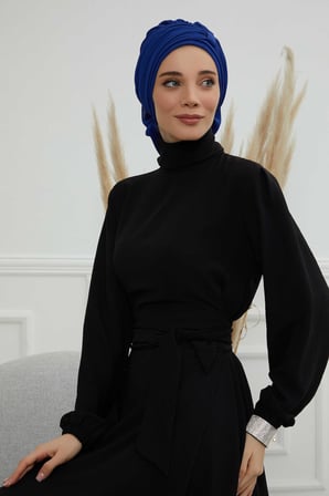 Pileli Tasarım Şifon Hazır Türban,HT-107,HT-107 Saks Mavisi