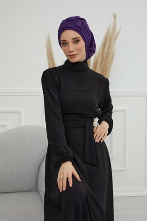 Pileli Tasarım Şifon Hazır Türban,HT-107,HT-107 Mor