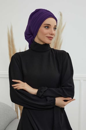 Pileli Tasarım Şifon Hazır Türban,HT-107,HT-107 Mor