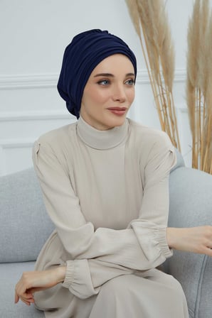 Pileli Tasarım Şifon Hazır Türban,HT-107,HT-107 Lacivert