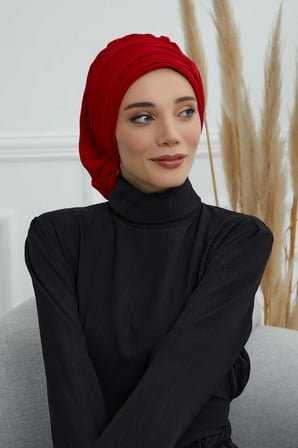 Pileli Tasarım Şifon Hazır Türban,HT-107,HT-107 Kırmızı
