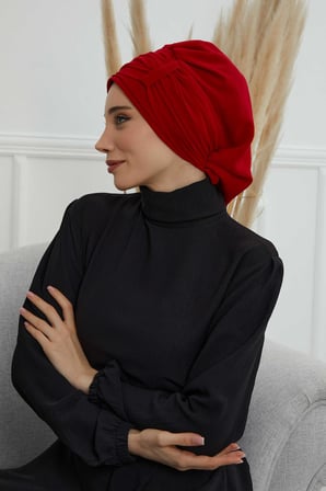 Pileli Tasarım Şifon Hazır Türban,HT-107,HT-107 Kırmızı