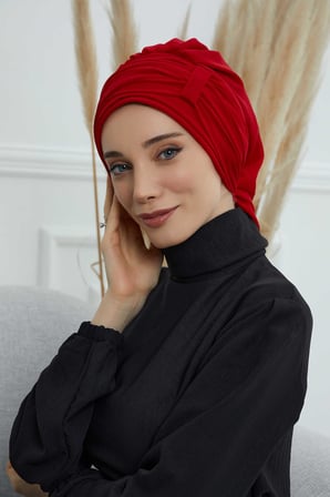 Pileli Tasarım Şifon Hazır Türban,HT-107,HT-107 Kırmızı