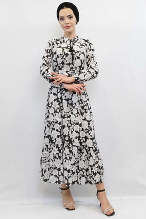 Moda Çizgi Çiçek Desenli  Pileli Elbise Siyah