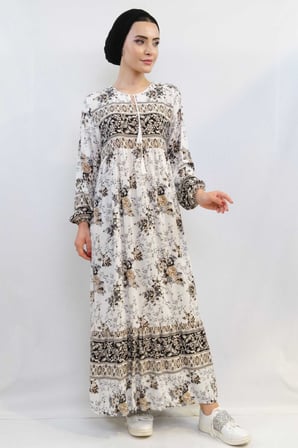 Moda Çizgi Etnik Desen Elbise Bej