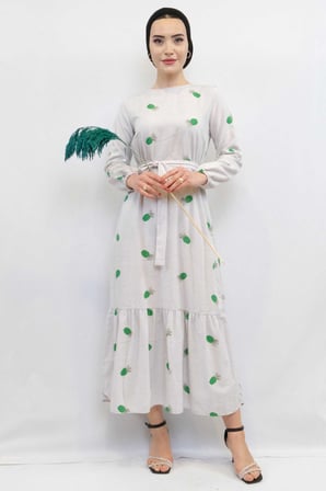 Moda Cizgi Desenli Elbise Yesil