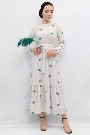 Moda Cizgi Desenli Elbise Yesil