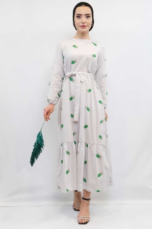 Moda Cizgi Desenli Elbise Yesil