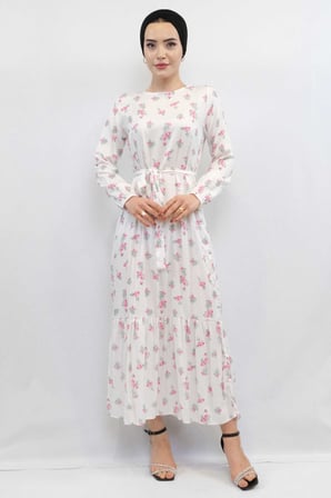 Moda Çizgi Çiçek Desenli Elbise Ekru