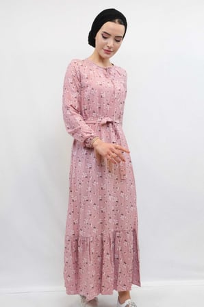 Moda Çizgi Çiçekli Elbise Gül Kurusu