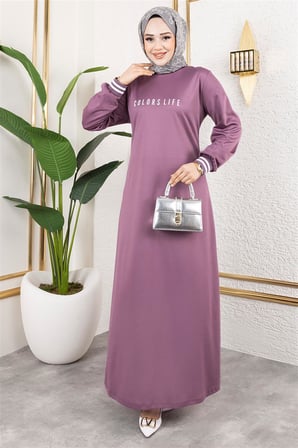 Ribanalı Baskılı Elbise LİLA