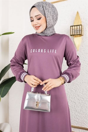 Ribanalı Baskılı Elbise LİLA