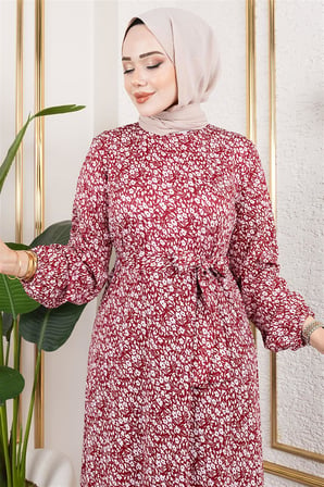Çiçek Desenli Tesettür Elbise BORDO