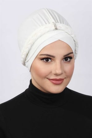 Çift Örgülü Bone  Beyaz
