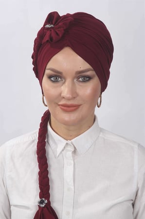 Çiçekli Örgülü Hazır Bone  Bordo
