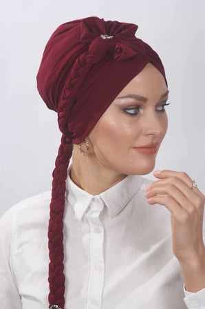 Çiçekli Örgülü Hazır Bone  Bordo