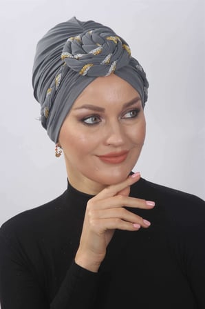 Hazır Simli Dolama Örgülü Gri