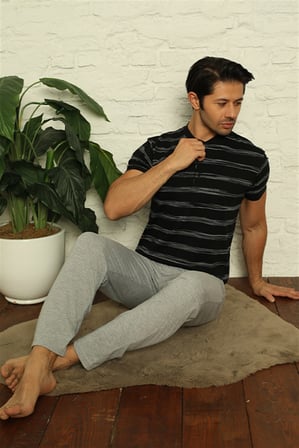 Moda Çizgi Erkek Siyah 3'lü Pijama Takım 6823
