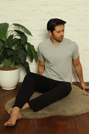 Moda Çizgi Erkek Gri V Yaka 3'lü Pijama Takım 6822